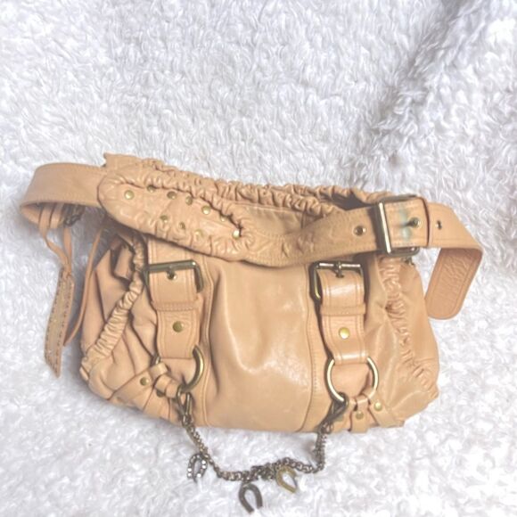 Betsey Johnson Vintage leather Tan Hobo large Shoulder Chain,& horseshoe accent - Picture 8 of 16